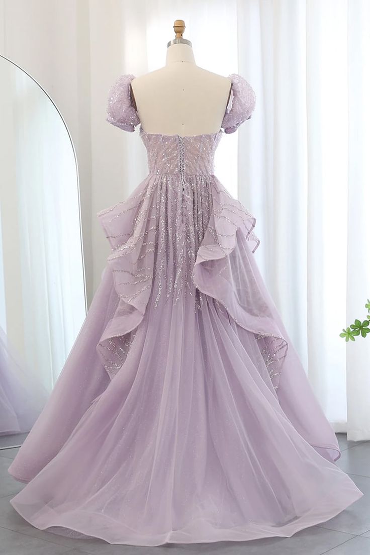 A Line Puff Sleeve Sequins Lavender Tulle Long Prom Dress Evening Dress DP1344