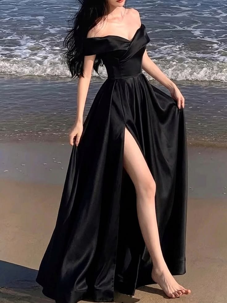 Simple Black A Line Off the Shoulder Satin Slit Prom Dress Party Dress DP6559