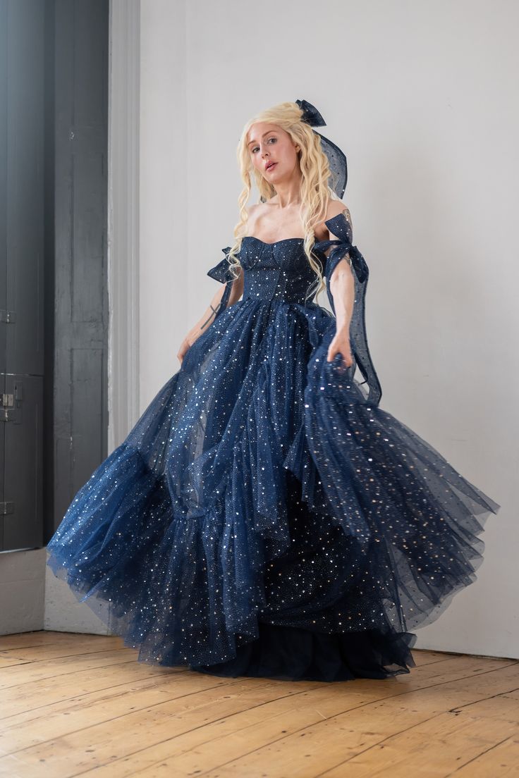Star Sequin Navy Blue A Line Straps Layered Tulle Date Dress Prom Dress Evening Dress DP3371