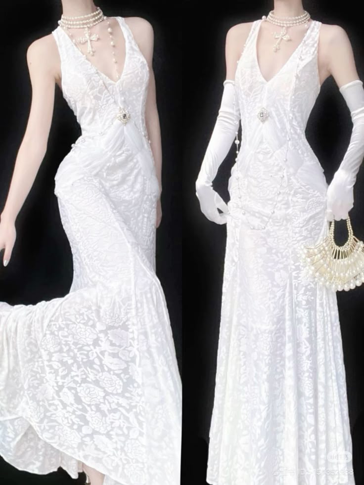 Elegant Mermaid Halter White Lace Long Prom Dress Evening Dress DP4761