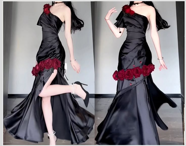 Sexy Mermaid One Shoulder Burgundy Floral Black Satin Prom Dress Party Dress DP4202