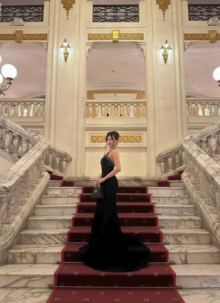Sexy Mermaid Halter Rhinestone Black Satin Prom Dress Formal Gown DP3668