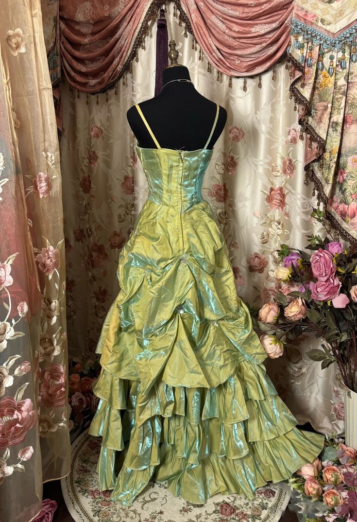 Retro Ball Gown Straps Satin Sage Green Long Party Dress Prom DP1981