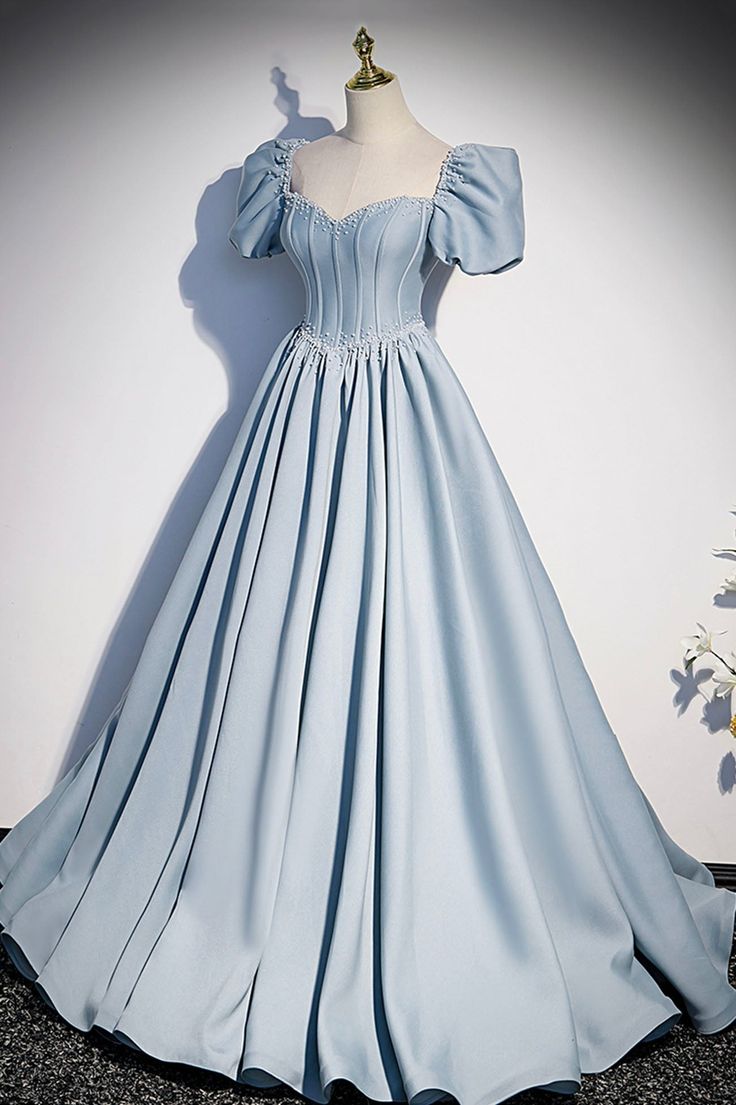 A Line Puff Sleeve Blue Satin Pearl Long Prom Dress Evening Dress DP1102