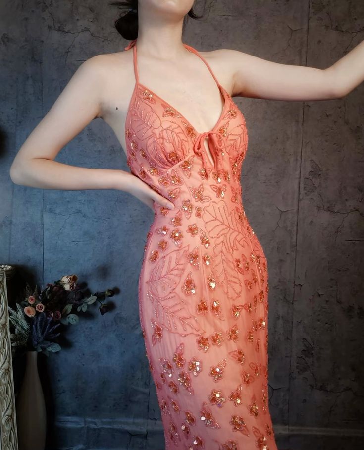 Stunning Sheath Halter Beaded Pink Chiffon Open Back Party Dress Evening Dress DP2366