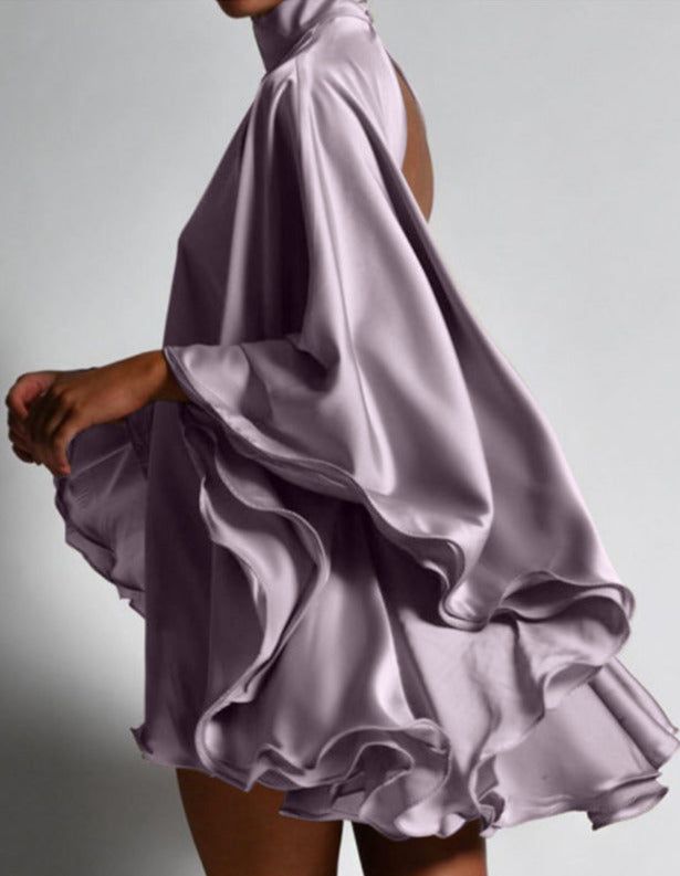 Grey Simple A Line High Neck Satin Open Back Short Homecoming Dress Outfits DP3311