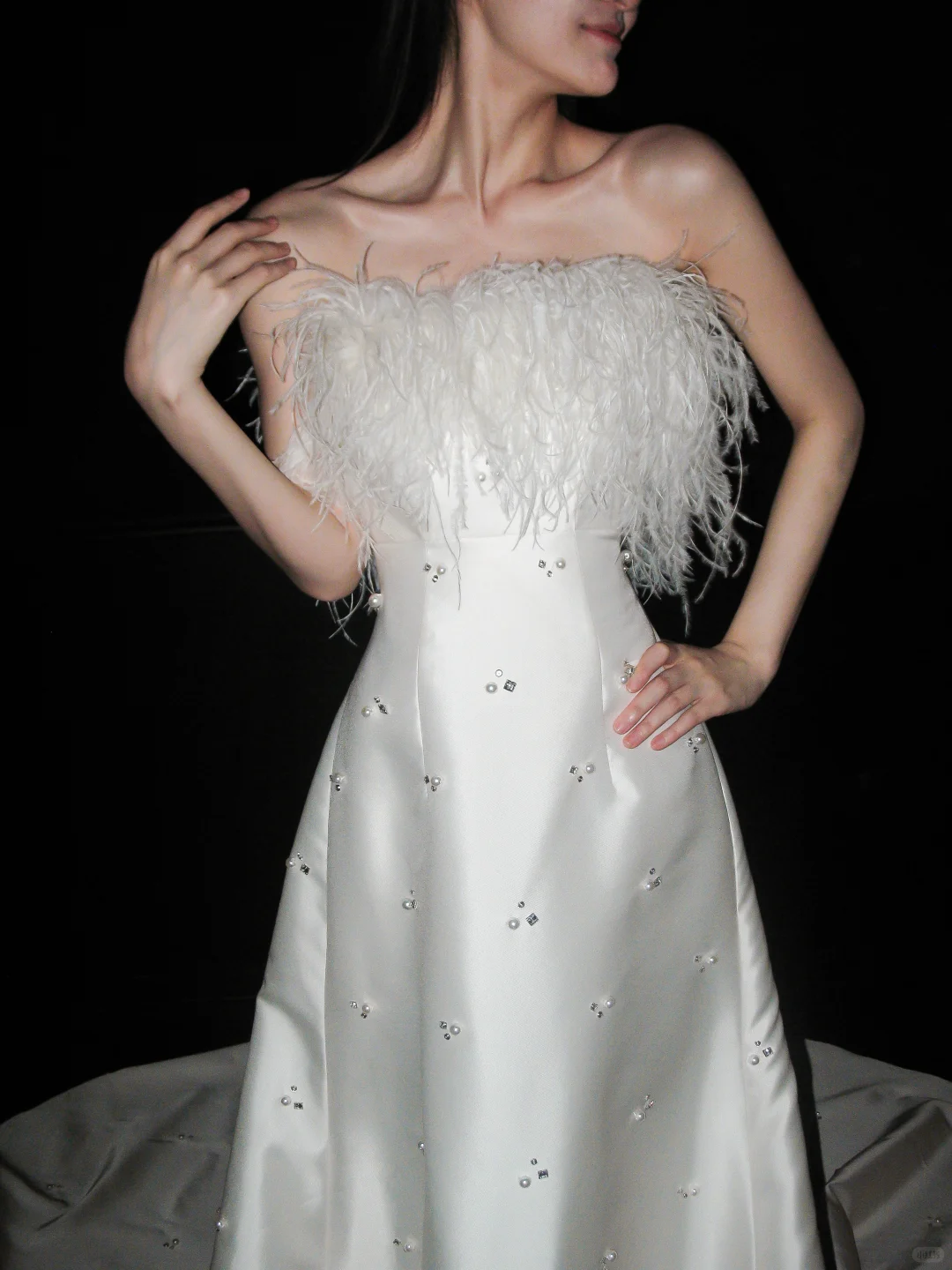 Sweety A Line Strapless White Feather Beaded Satin Long Wedding Dress DP5786