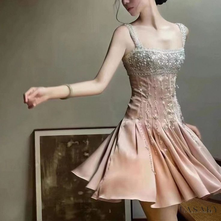 Gorgeous A Line Straps Beaded Rhinestone Pink Satin Short Homecoming Dress Birthday Dress DP2385
