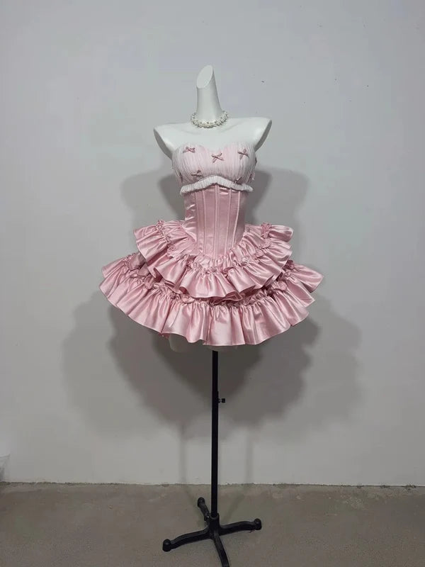 Cute Pink A Line Sweetheart Neck Bowknot Layered Satin Homecoming Dress Cocktail Dress DP7562