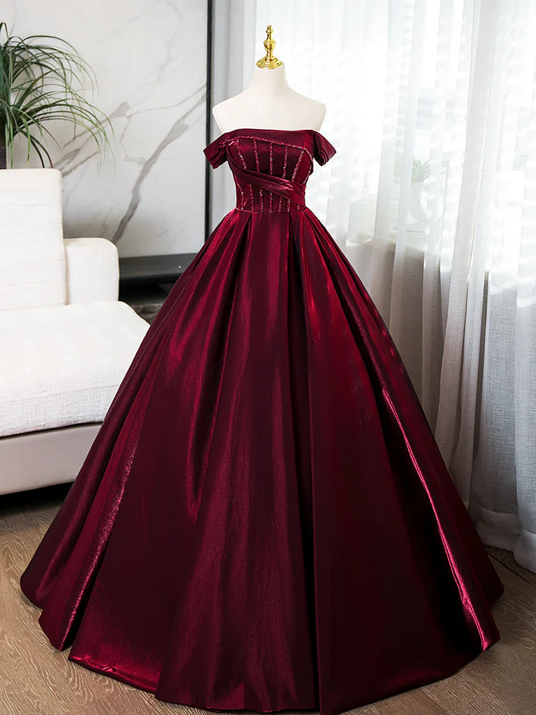 A Line Off-the-shoulder Satin Burgundy Long Prom Dress Evening Dress with Beads DP1045