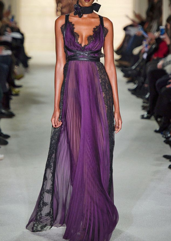 Elegant A Line V Neck Black Lace Purple Chiffon Long Prom Dress Graduation Prom Dress DP2039