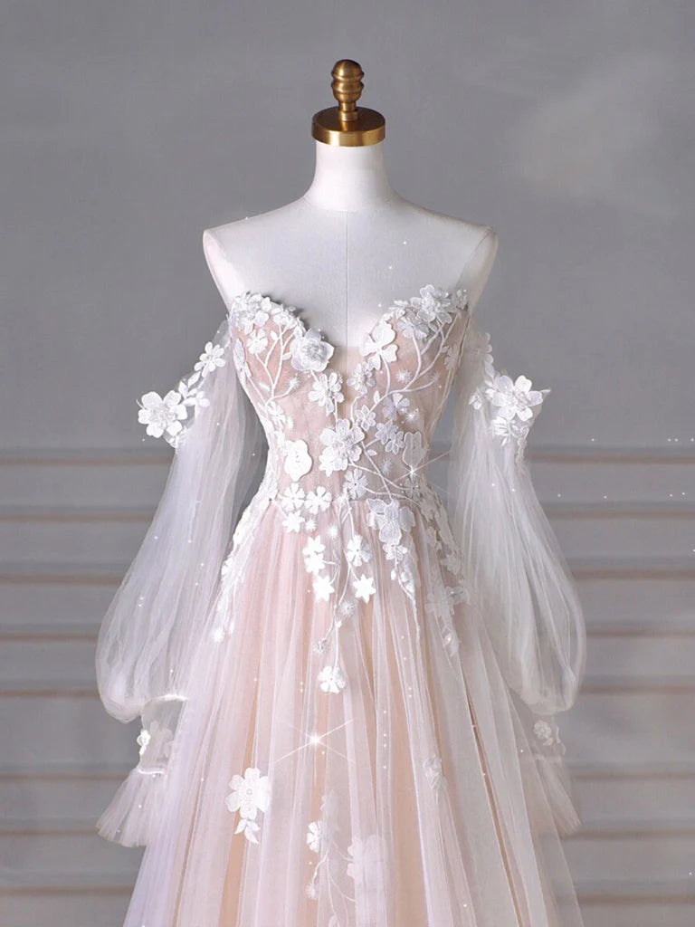 A Line Sweetheart Neck Long Sleeve Lace Tulle Light Champagne Long Prom Dress DP943