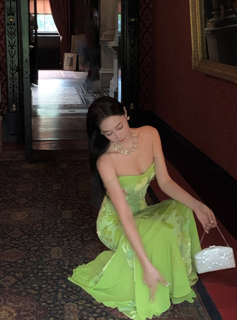 Stunning Green Mermaid Spaghetti Strap Print Floral Satin Chiffon Prom Dress Outfits DP3581