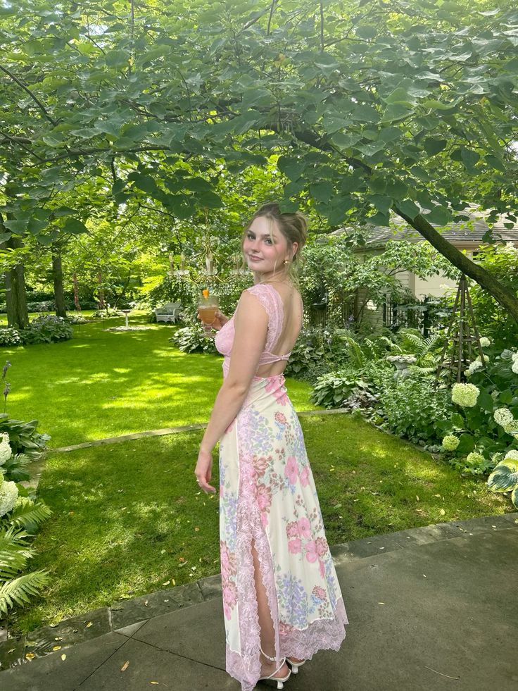 Gentle Sheath Spaghetti Straps Print Floral Chiffon Lace Prom Dress with Slit DP4002