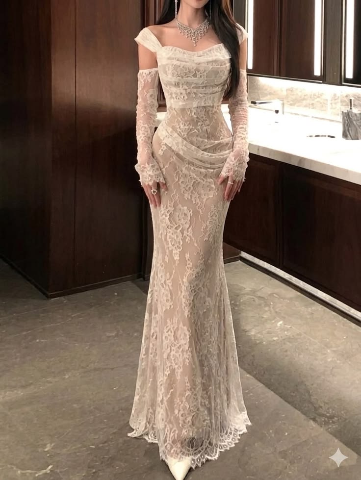 Beautiful White Mermaid Straps Lace Long Prom Dress Evening Dress DP6717