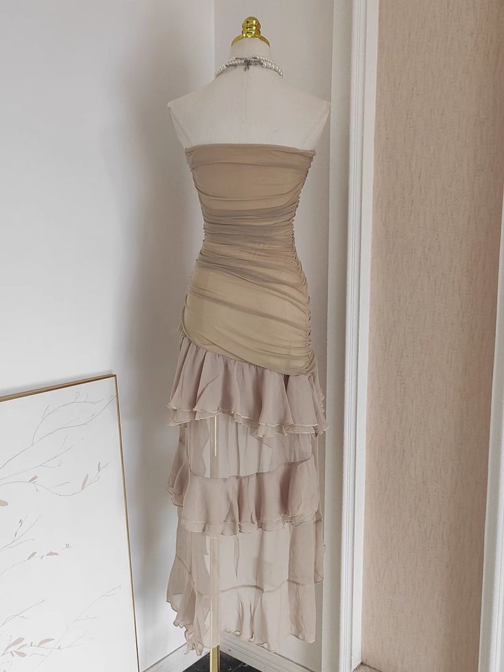 Sexy High Low Strapless Ruffled Chiffon Tulle Vacation Dress DP1454