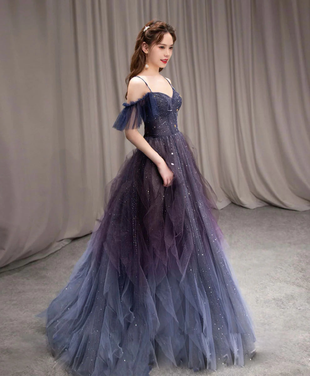 A-line Dark Purple Tulle Long Prom Dress, Purple Formal Party Dresses DP3367