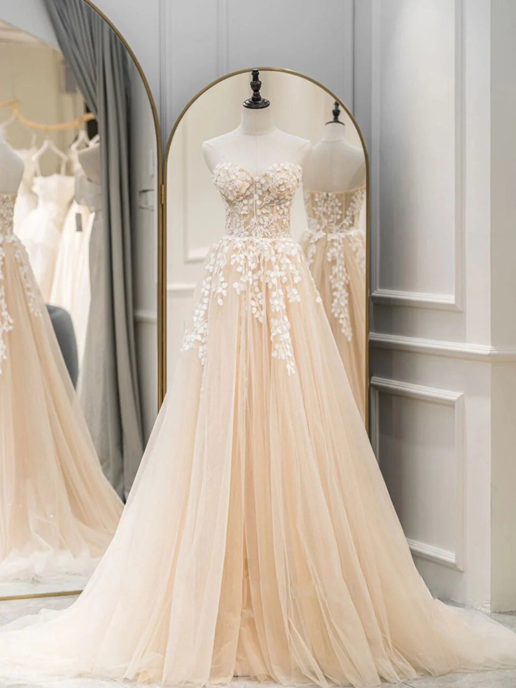 Light Blue A Line Strapless Appliques Tulle Prom Dress Evening Dress DP1119
