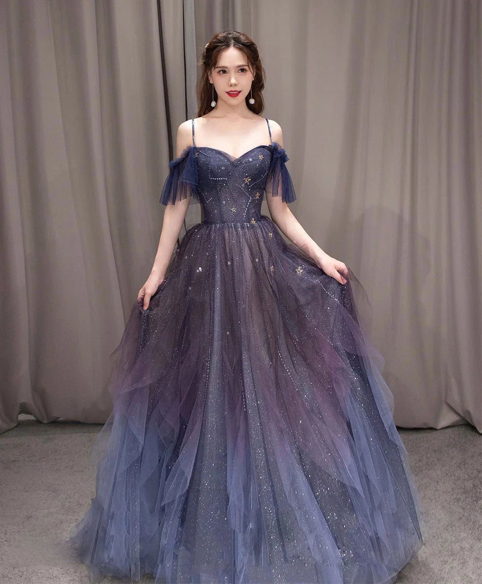 A-line Dark Purple Tulle Long Prom Dress, Purple Formal Party Dresses DP3367
