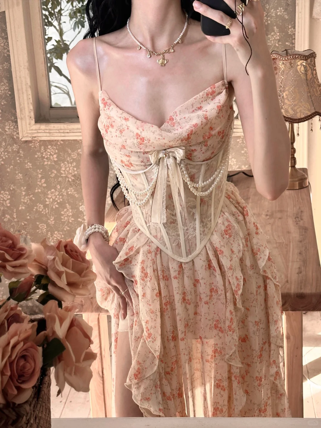 Gentle A Line Spaghetti Strap Print Floral Chiffon Long Prom Dress Party Dress DP3964