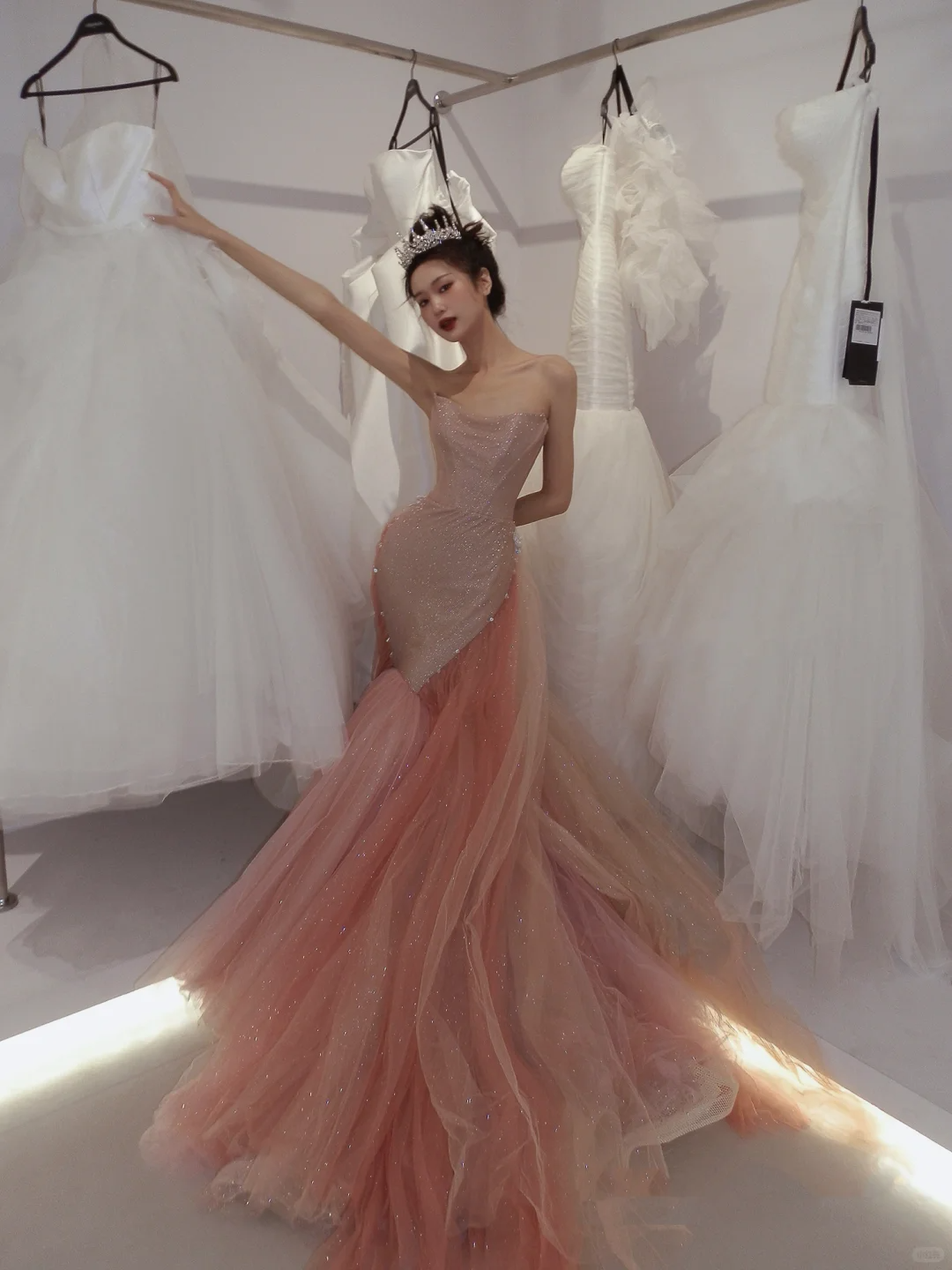 Cute Pink Mermaid Strapless Beaded Sequin Tulle Prom Dress 16th Birthday Dress DP4249