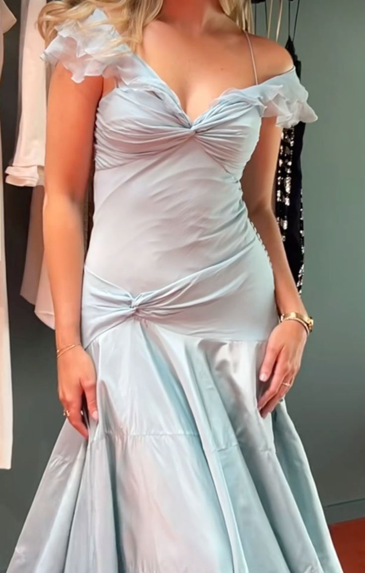 Retro Style A Line Off the Shoulder Blue Satin Long Party Dress Prom Dress DP2216