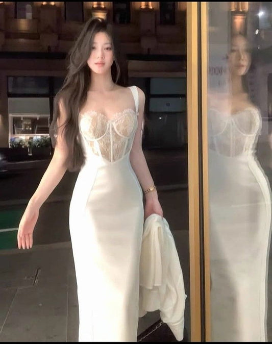 Elegant Sheath Strap White Lace Satin Long Party Dress Evening Dress DP2544