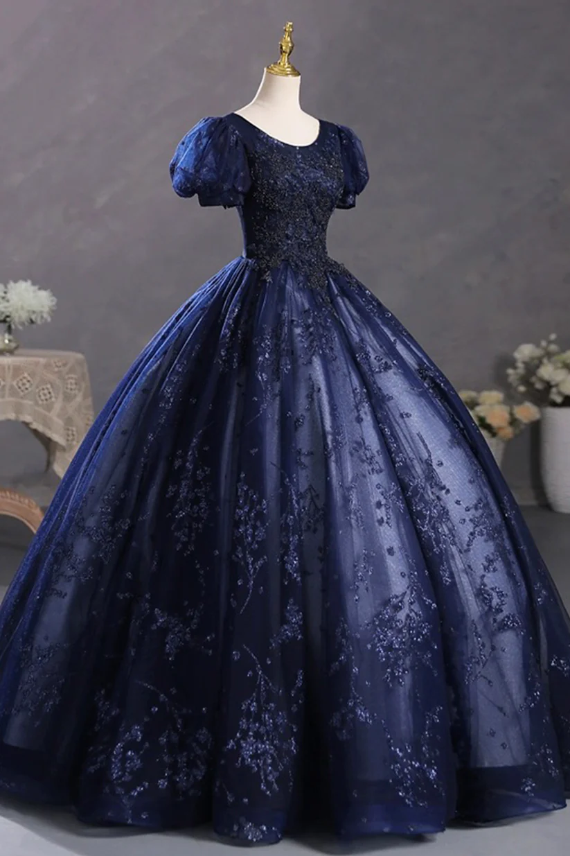 Navy Blue Appliques Beaded Long Prom Dress Evening Party Dress Ball Gown DP489