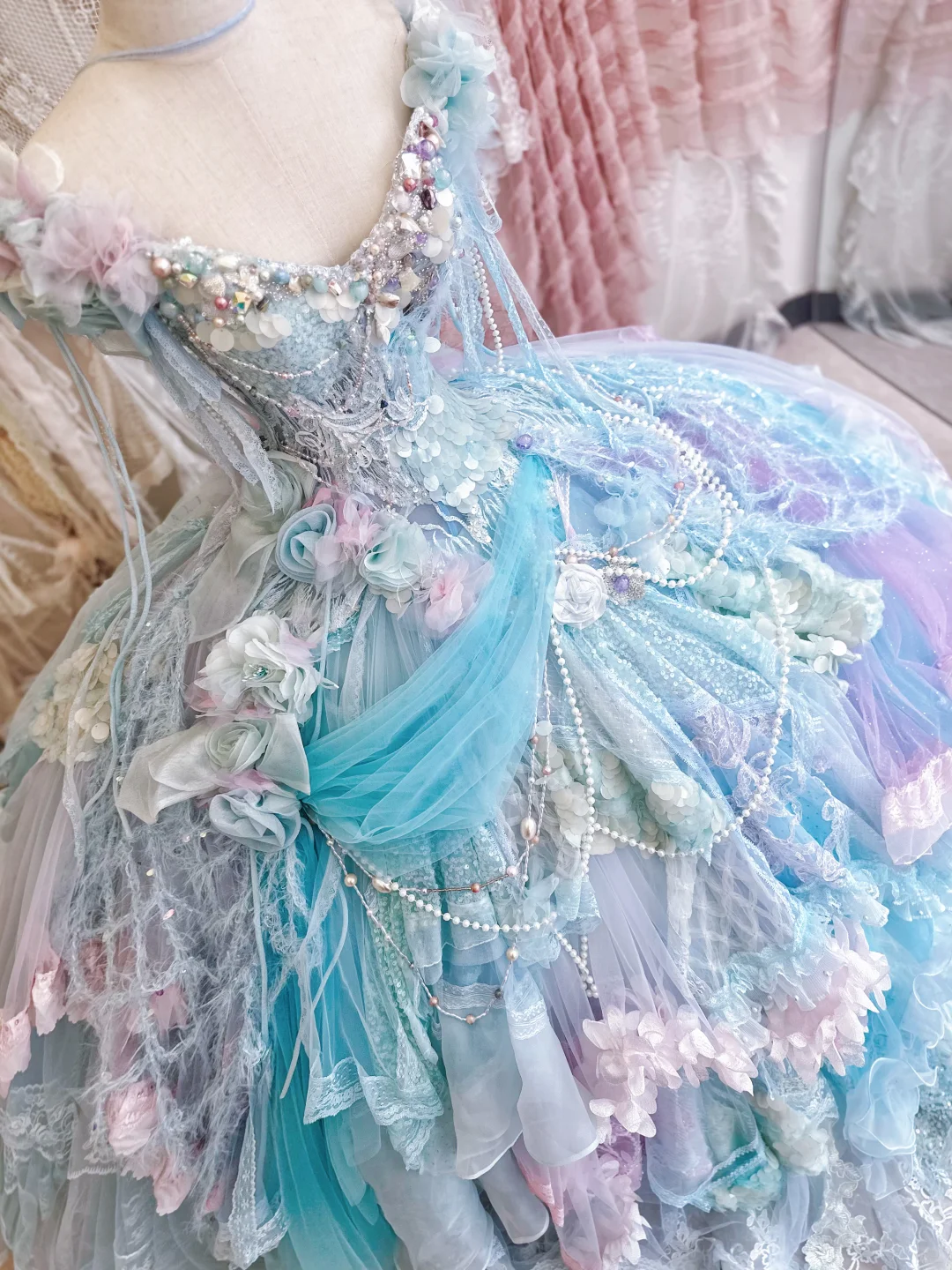 Blue Ball Gown V Neck Exquisite Beaded Layered Lace Tulle 16th Birthday Dress Prom Dress DP3812