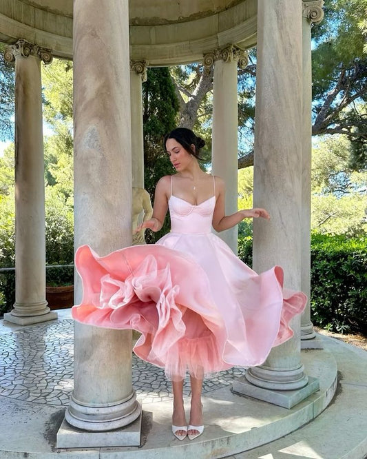 Pink A Line Spaghetti Strap Satin Tulle Long Party Dress Birthday Dress DP2421
