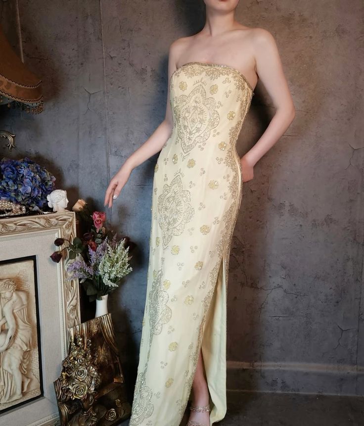 Elegant Sheath Strapless Beaded Light Yellow Satin Party Dress Evening Dress with Slit DP2369