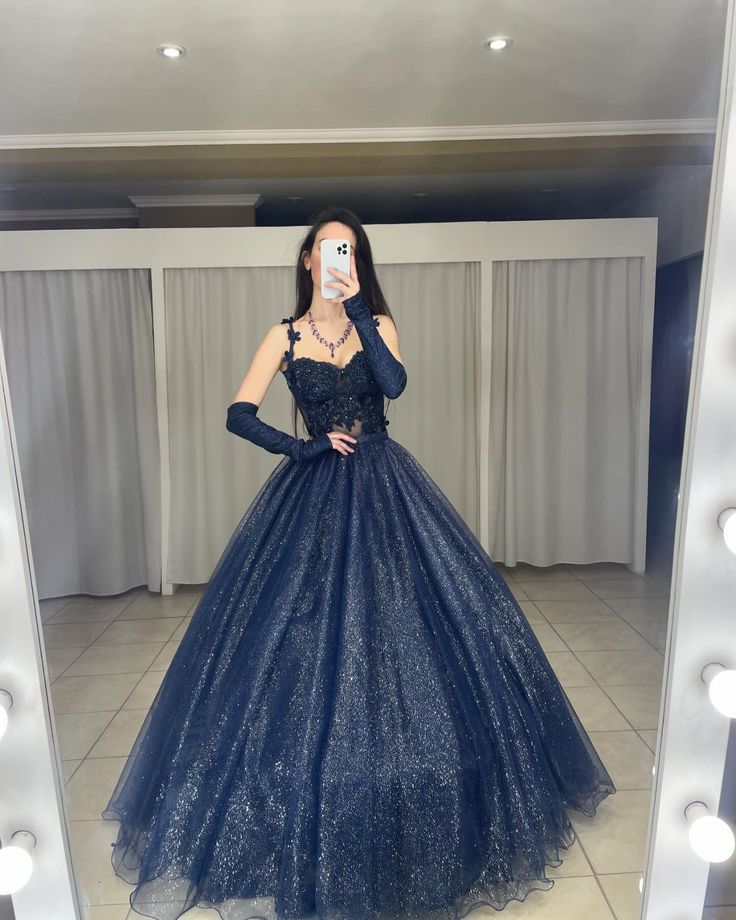 Navy Blue Ball Gown Spaghetti Strap Appliques Sequin Prom Dress Evening Dress DP8049