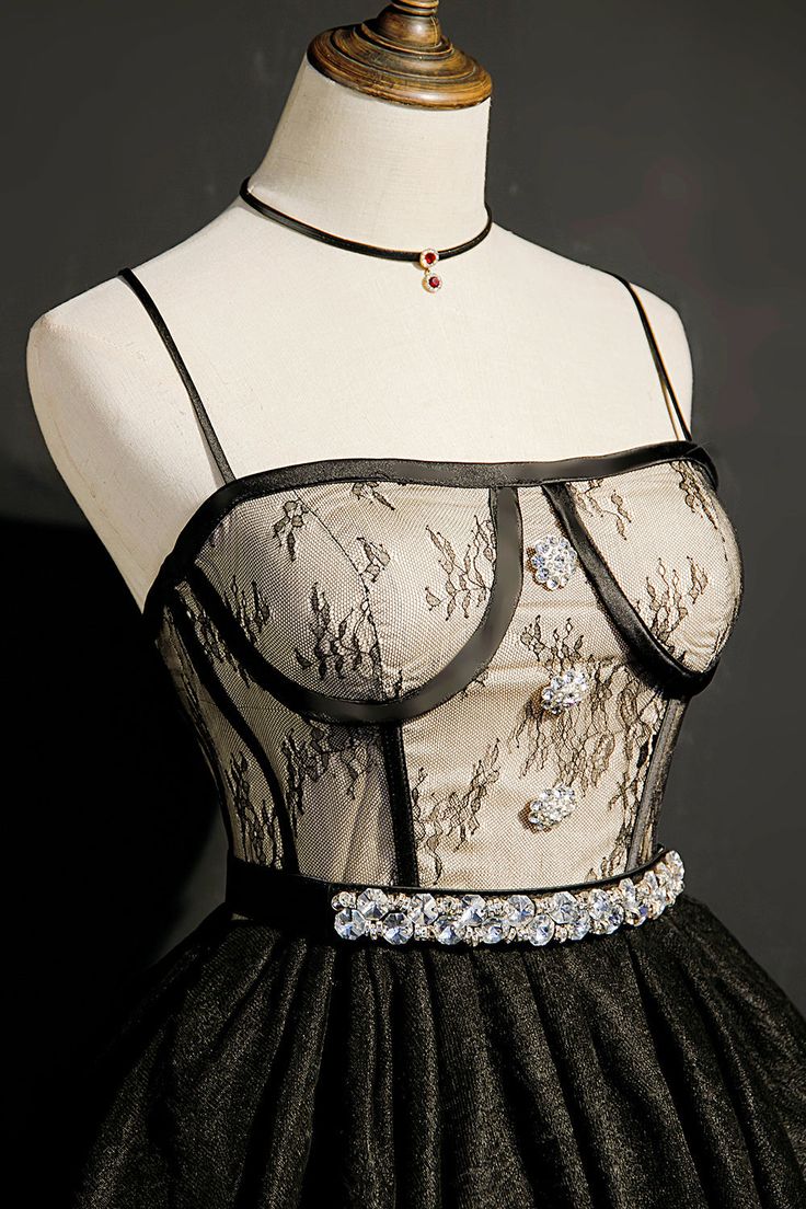 A Line Spaghetti Straps Lace Black Satin Short Homecoming Dresses DP1359