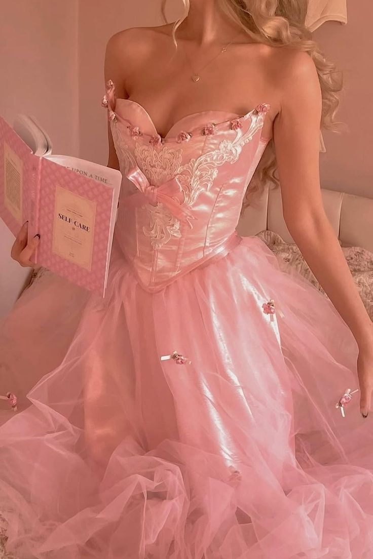 Princess A Line Strapless Lace Flower Pink Satin Tulle Prom Dress Birthday Dress DP2631