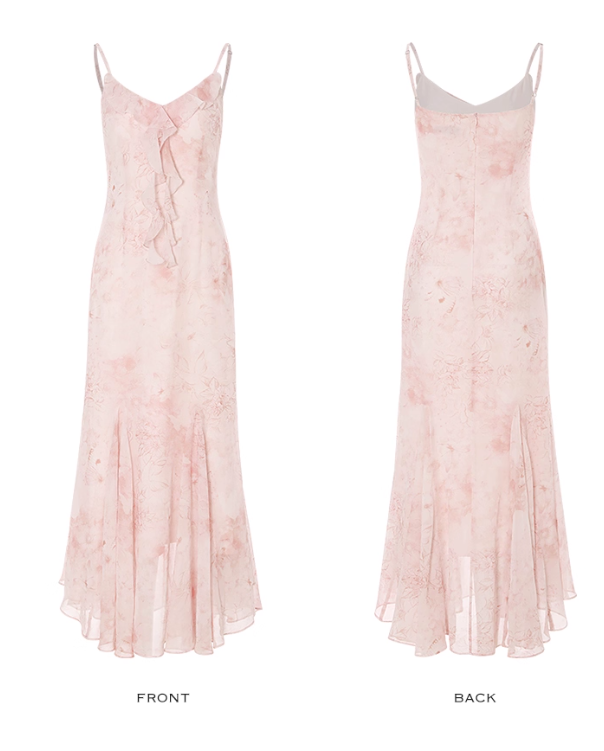 Pink Floral Mermaid Spaghetti Strap Ruffle Chiffon Prom Dress Vacation Dress Outfits DP3651