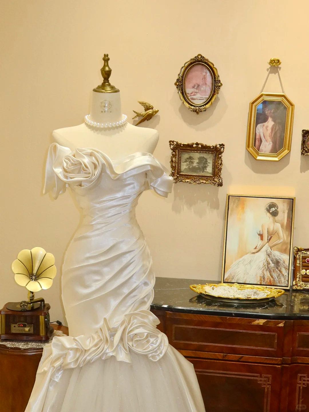 Beautiful Mermaid Off the Shoulder Floral Ivory Tulle Prom Dress Wedding Dress DP7042