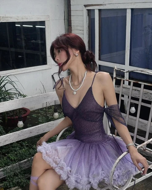 Cute Purple Ombre A Line Spaghetti Strap Sequin Tulle Short Homecoming Dress DP6404