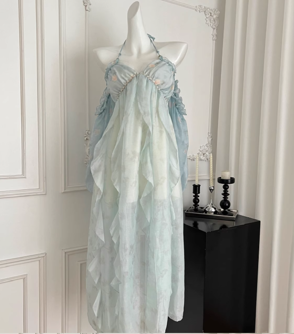 Flowy Blue A Line Halter Ruffle Chiffon Vacation Dress Homecoming Dress Outfits DP3546