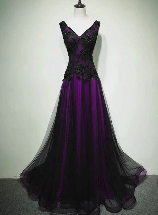Elegant V-Neck Tulle Long Prom Dress Lace Beaded Evening Dress DP195