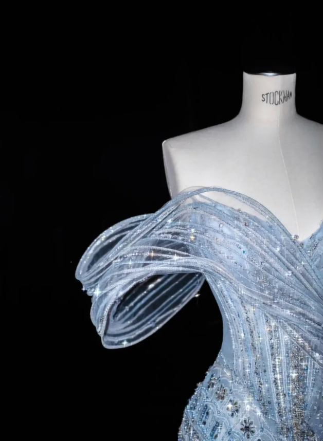 Baby Blue Beaded Dreamy Mermaid Off the Shoulder Tulle Prom Dress Evening Dress Date Dress DP3097