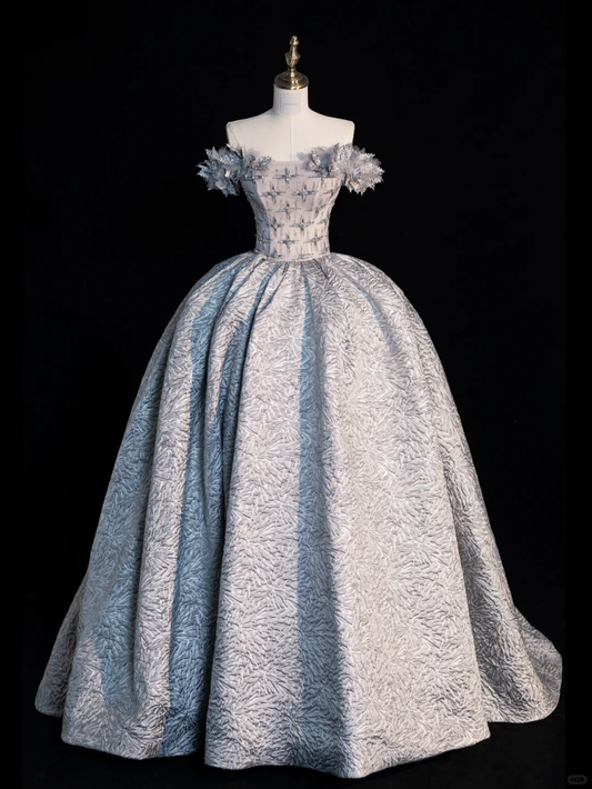 Gentle A Line Off the Shoulder Sequin Silver Satin Long Prom Dress Party Dress DP2518