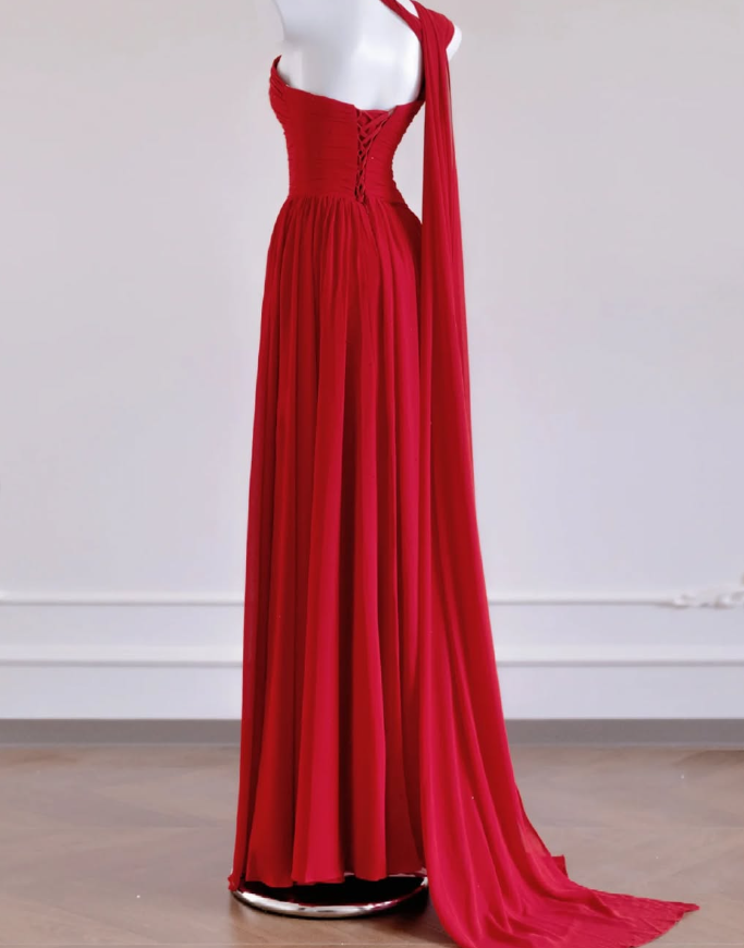 Romantic A Line One Shoulder Red Chiffon Prom Dress Graduation Prom Dress DP1999