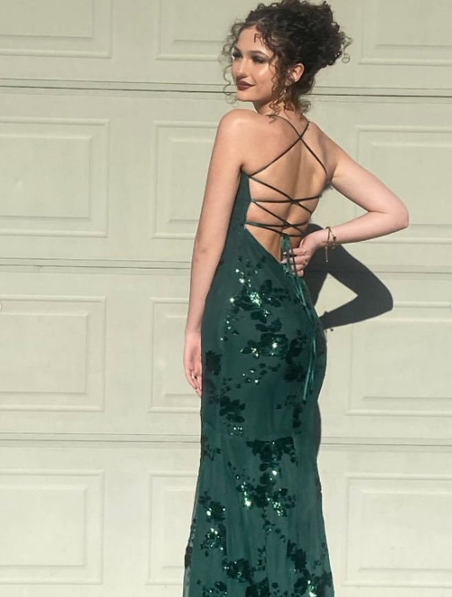 Shiny Green Sequin Mermaid Spaghetti Strap Chiffon Long Party Dress Evening Dress DP3015