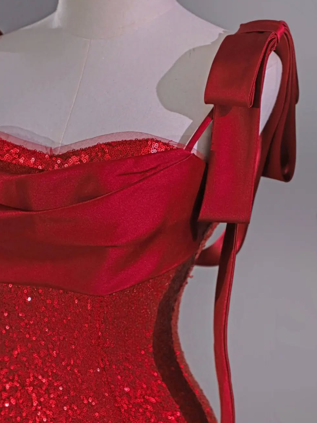 Elegant Mermaid Straps Red Sequin Long Prom Dress Graduation Prom Dress DP2050