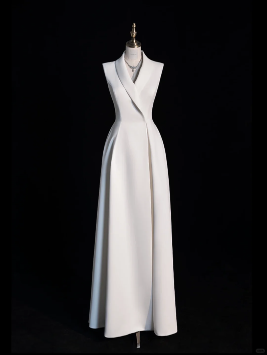 Elegant Simple A Line V Neck White Satin Long Prom Dress Graduation Prom Dress DP2265