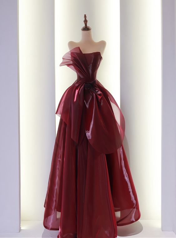 Strapless Burgundy Organza Prom Dress Evening Dress DP224
