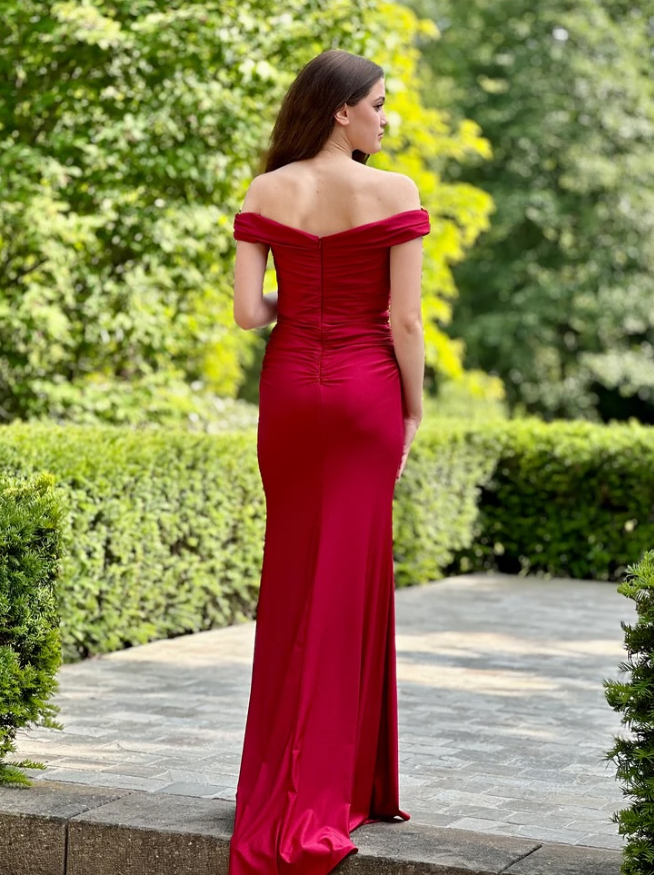 Elegant Red Sheath Off the Shoulder Satin Long Prom Dress Evening Dress DP6215