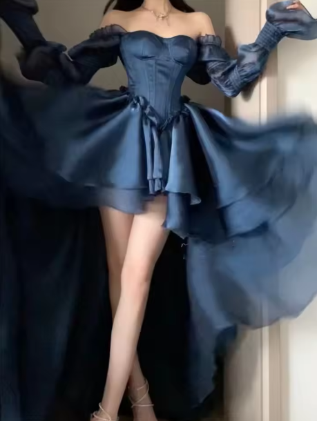 Vintage Navy Blue Ruffle Casual Fashion Party Prom Dress DP108