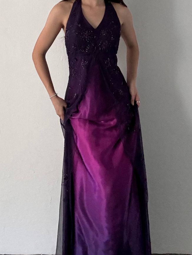Charming A Line Halter Beaded Flower Purple Tulle Satin Prom Dress Evening Dress DP2233