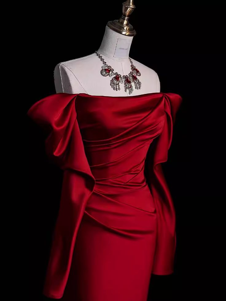 Off The Shoulder Burgundy Long Satin Prom Dress Mermaid Evening Dress DP133